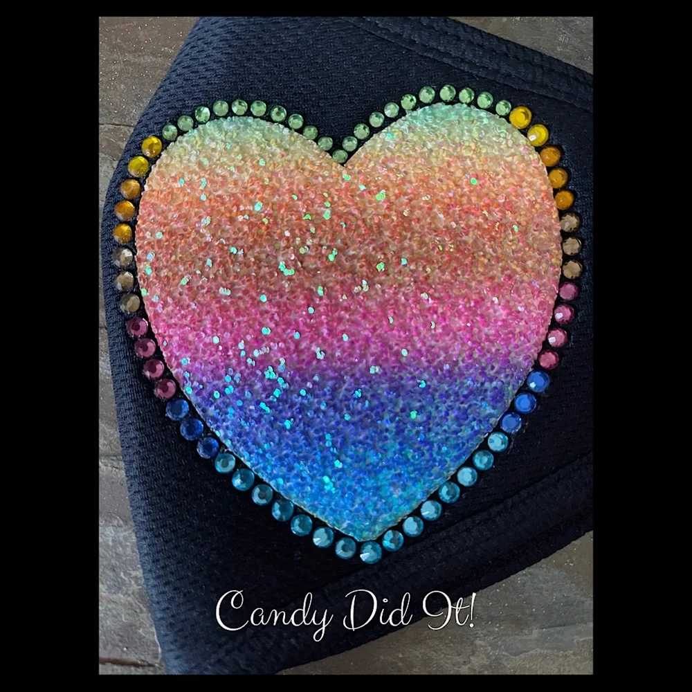 NWT Handmade Candy Did It! Rainbow Heart Bling Black Double Layer Face Mask